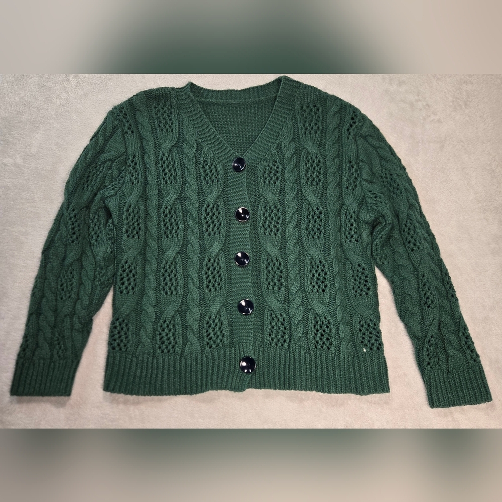 Forest Green Cable Knit Cardigan Chunky Cozy Softgirl Academia Sweater XL